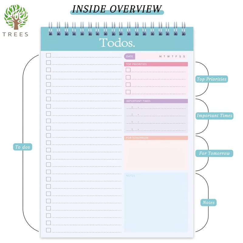 Undated Spiral Daily Planner Notebook 8.5x5.5, 52 Sheets