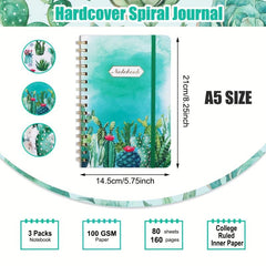 3 Pack Hardcover Spiral Notebook 160 Pages Cactus 8.25 x 5.25in