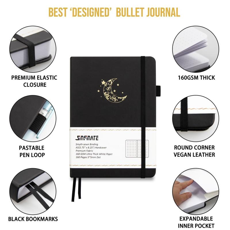 Dotted Journal Bullet Notebook Vegan Leather 160Gsm Thick Paper, Inner Pocket