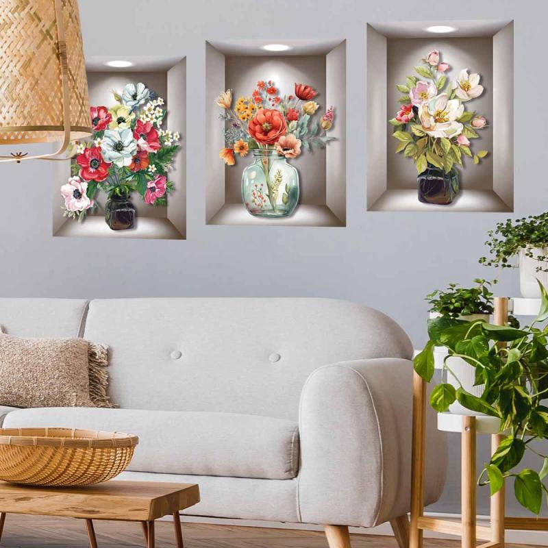 3pcs 3D Vases Plants Flowers Wall Stickers Decorative Triptych Background