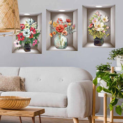 3pcs 3D Vases Plants Flowers Wall Stickers Decorative Triptych Background