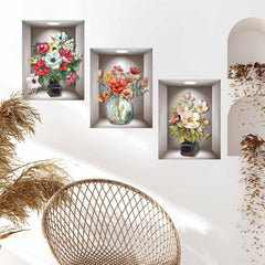 3pcs 3D Vases Plants Flowers Wall Stickers Decorative Triptych Background