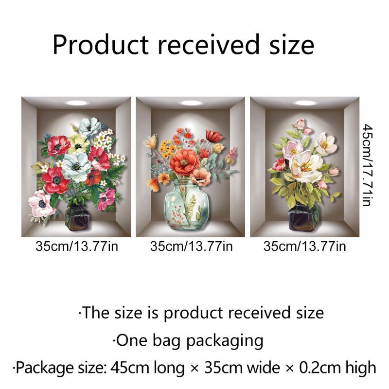 3pcs 3D Vases Plants Flowers Wall Stickers Decorative Triptych Background