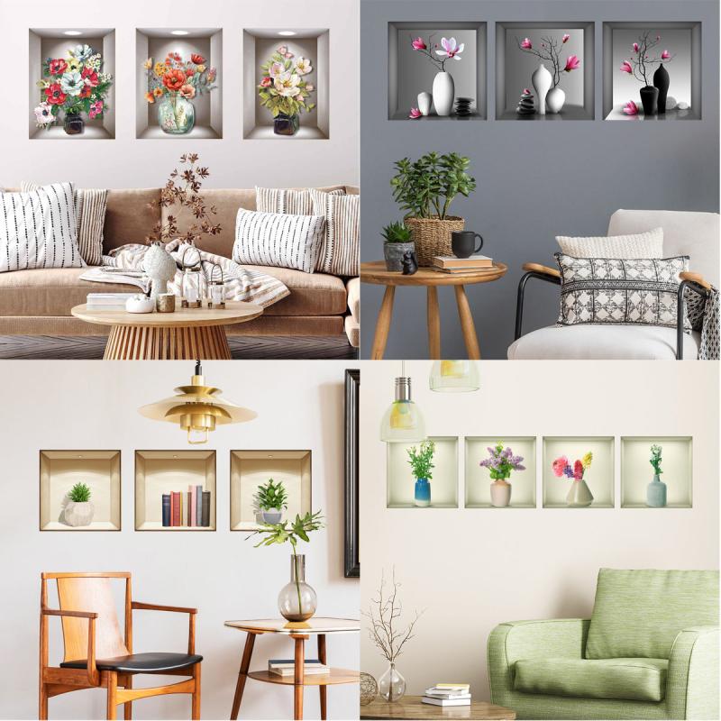 3pcs 3D Vases Plants Flowers Wall Stickers Decorative Triptych Background