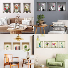 3pcs 3D Vases Plants Flowers Wall Stickers Decorative Triptych Background