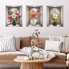 3pcs 3D Vases Plants Flowers Wall Stickers Decorative Triptych Background