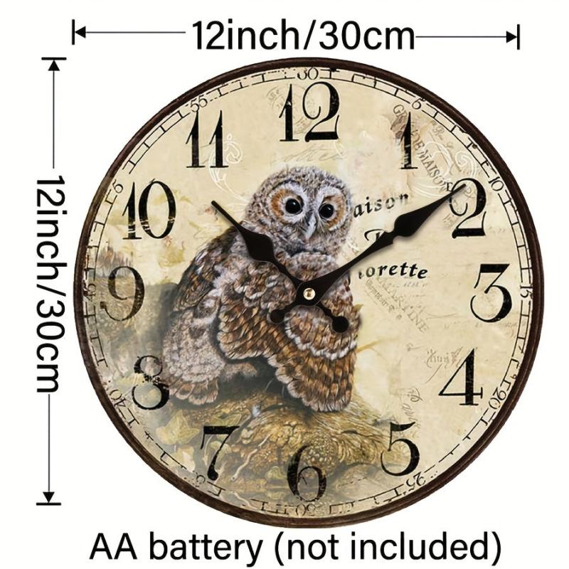 Hand-painted Owl Retro Round Clock Silent Home Decoration Art