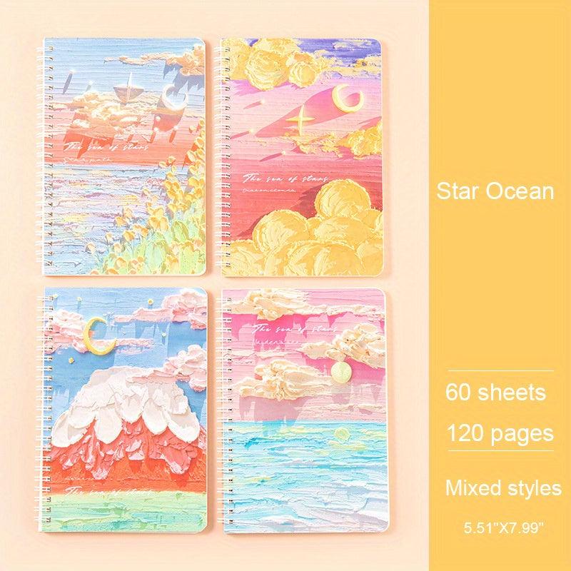 4 Pack A5 Scenery Painting Coil Notebooks, 60 Sheets