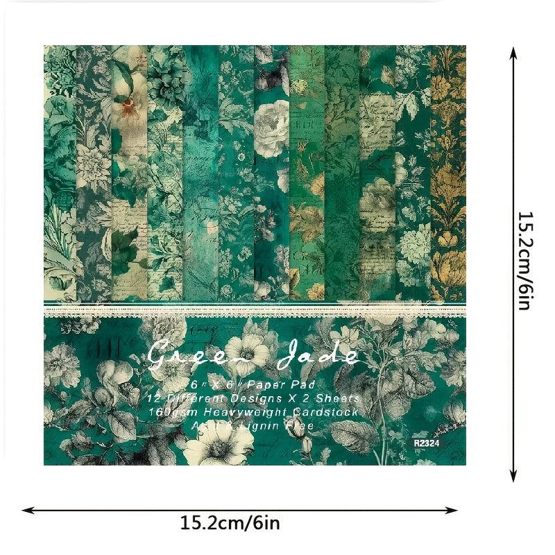 Retro Flower Theme Scrapbook Paper 15x24 cm Single Sided Green Jade
