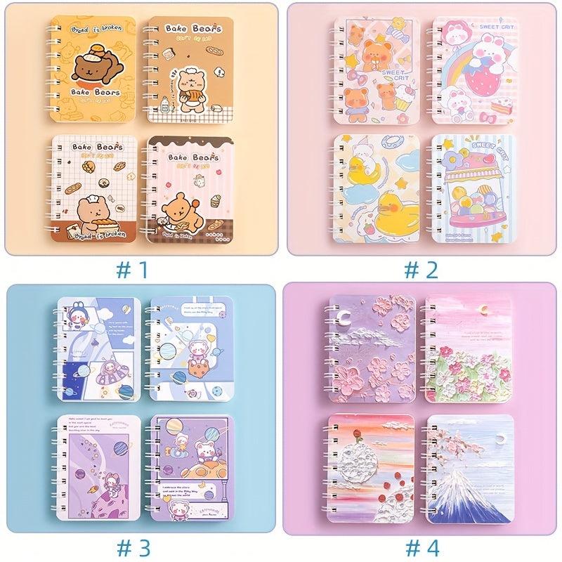 4pcs Cartoon Coil Mini Notebook Set, 320 Sheets A7 Student Portable Book