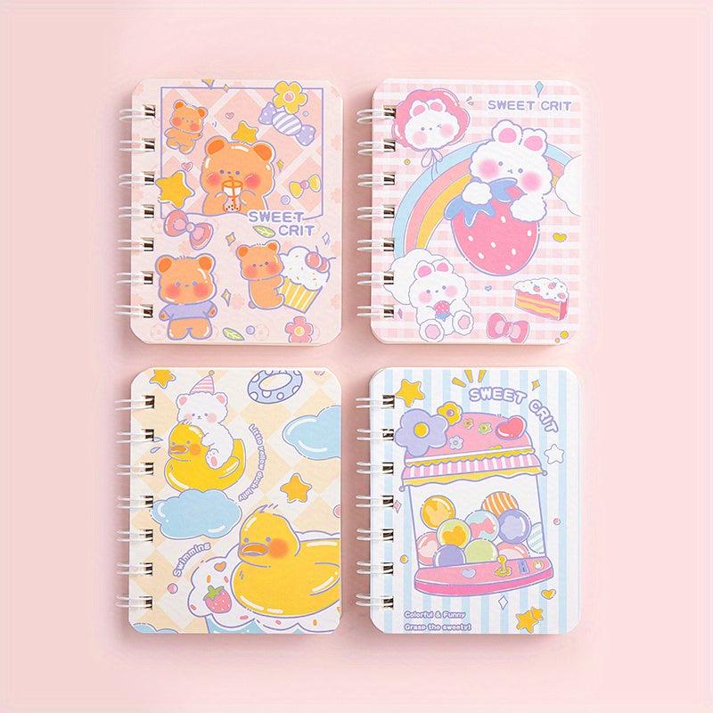 4pcs Cartoon Coil Mini Notebook Set, 320 Sheets A7 Student Portable Book