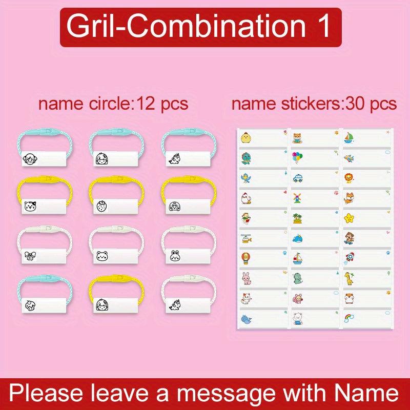 Custom Name Ring Pendant School Set - Waterproof Stickers - Hang Tag Rope