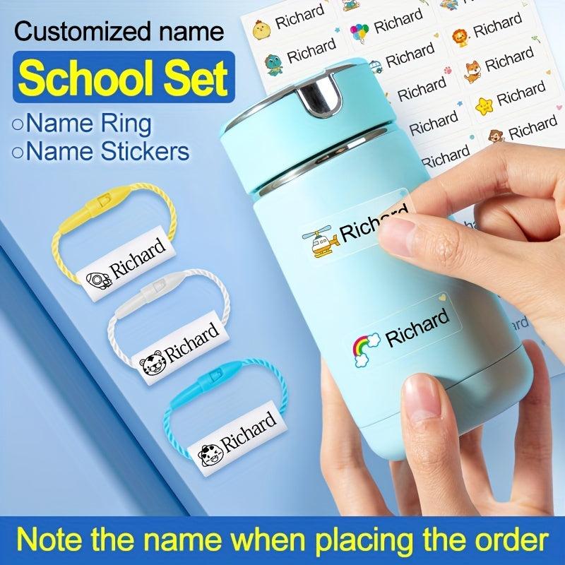 Custom Name Ring Pendant School Set - Waterproof Stickers - Hang Tag Rope