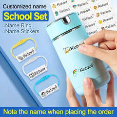 Custom Name Ring Pendant School Set - Waterproof Stickers - Hang Tag Rope