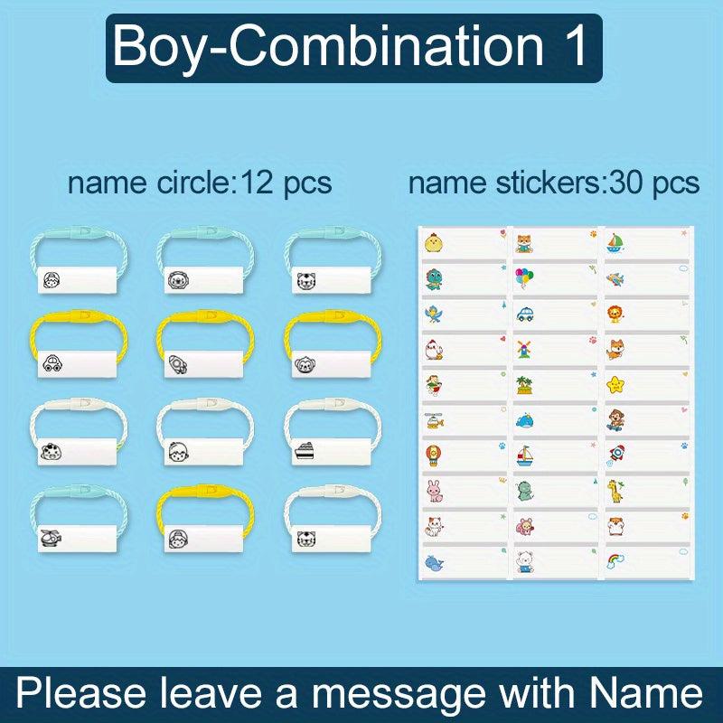 Custom Name Ring Pendant School Set - Waterproof Stickers - Hang Tag Rope