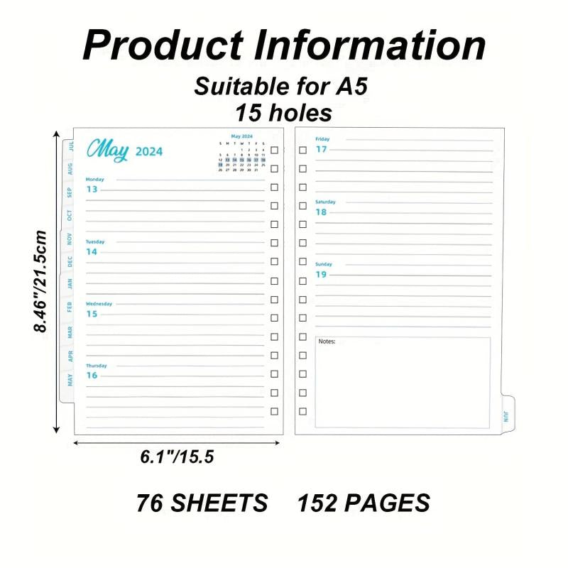 Weekly & Monthly Planner Refill 15 X 21 Jan-Dec 15 Hole Punched
