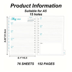 Weekly & Monthly Planner Refill 15 X 21 Jan-Dec 15 Hole Punched