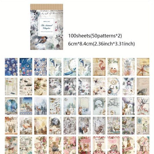 100 Sheets Vintage Animals Scrapbook Paper Decorative Materials Paper