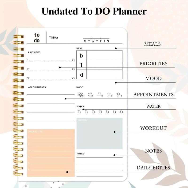BUBU Daily Planner Notebook Undated To Do List Time Management Meal Plan