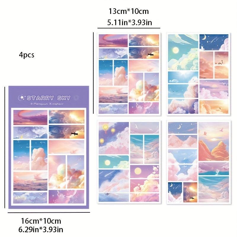 4pcs Grid Journal Diary Stickers Basic Frame Landscape Painting Books Computer