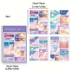 4pcs Grid Journal Diary Stickers Basic Frame Landscape Painting Books Computer