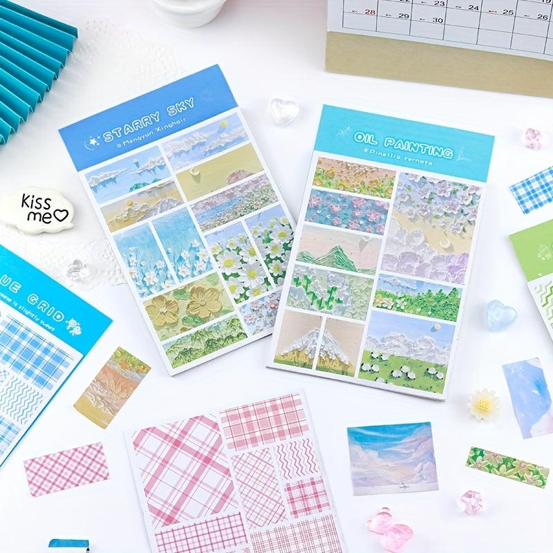 4pcs Grid Journal Diary Stickers Basic Frame Landscape Painting Books Computer