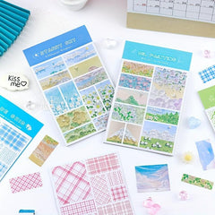 4pcs Grid Journal Diary Stickers Basic Frame Landscape Painting Books Computer