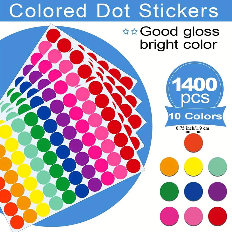 1400 PCS 20 Sheets Color Coding Labels Circle Dot Stickers Sticky Dots 10 Col
