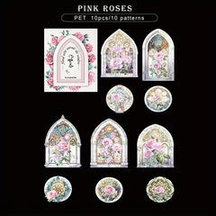 10pcs Waterproof Rose Window Stickers for Planners Scrapbook Laptops