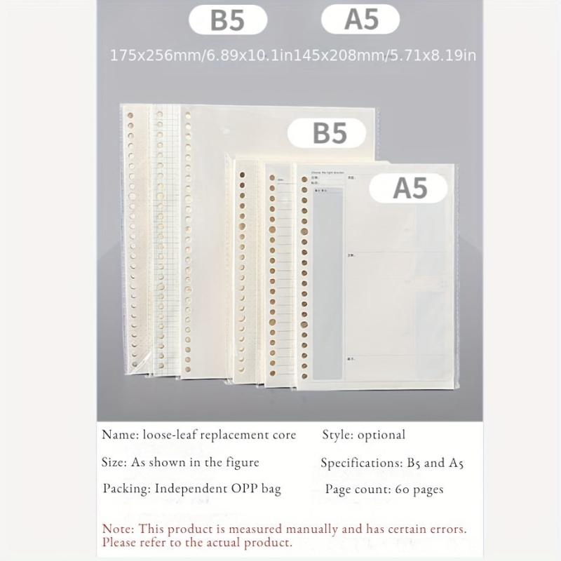 B5/A5 Loose Leaf Book Refill, 60 Sheets, Horizontal Line/Gri