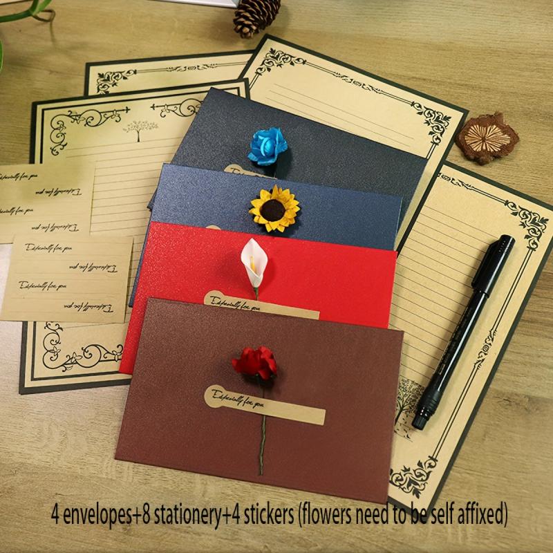 4pcs Retro Letter Paper Set Love Letter Envelope Confession Gift Flowers