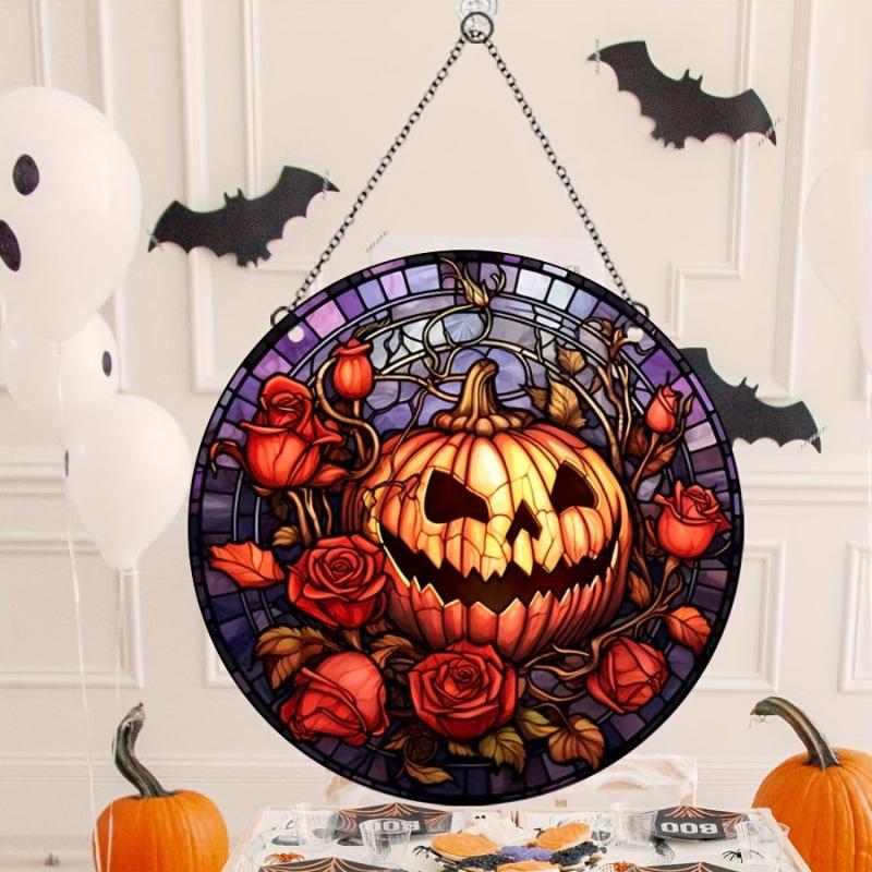 Halloween Acrylic Pumpkin Happy Face Glass Hanging Decoration