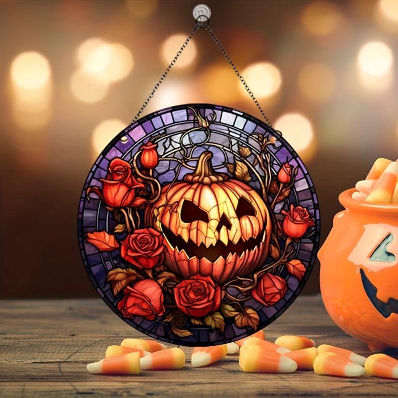 Halloween Acrylic Pumpkin Happy Face Glass Hanging Decoration