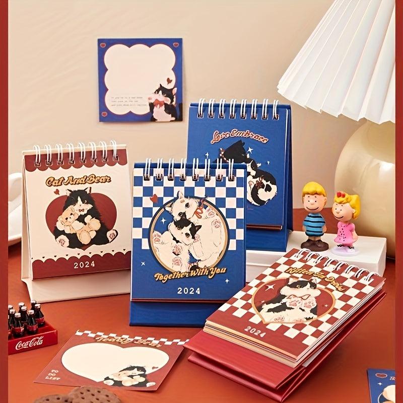 Cat Red Cartoon Mini Desk Calendar Plaid Planner Student Notepad
