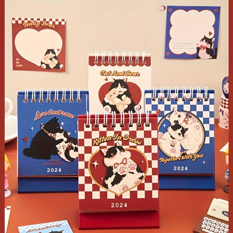 Cat Red Cartoon Mini Desk Calendar Plaid Planner Student Notepad