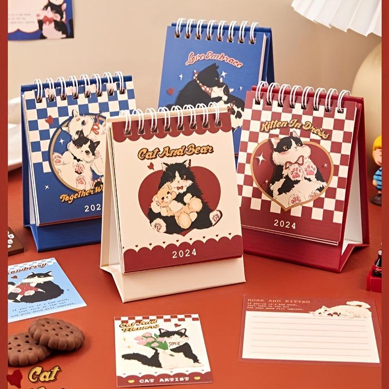 Cat Red Cartoon Mini Desk Calendar Plaid Planner Student Notepad