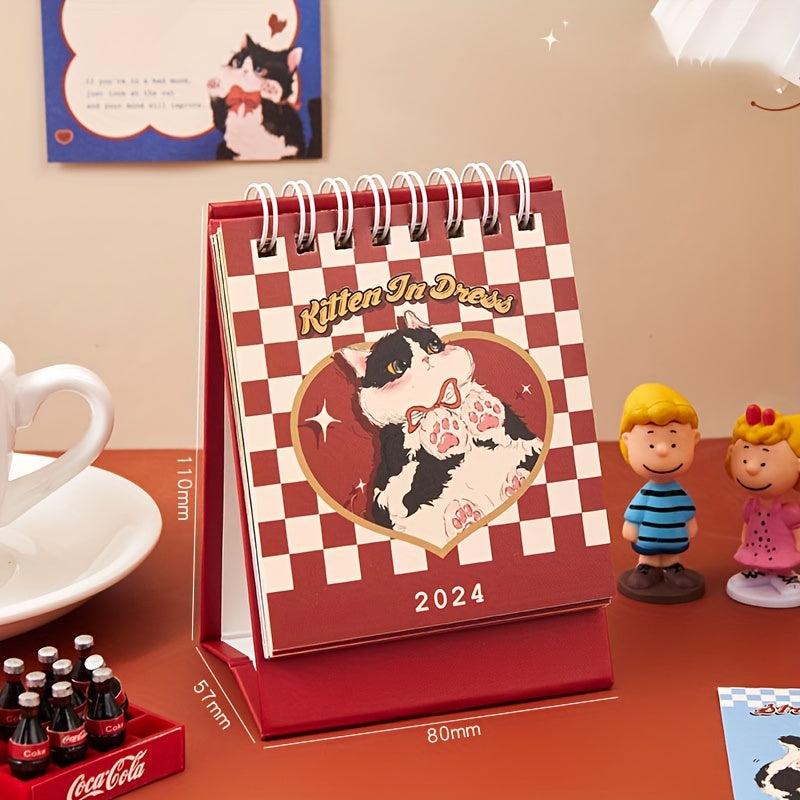Cat Red Cartoon Mini Desk Calendar Plaid Planner Student Notepad