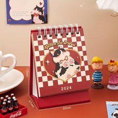 Cat Red Cartoon Mini Desk Calendar Plaid Planner Student Notepad