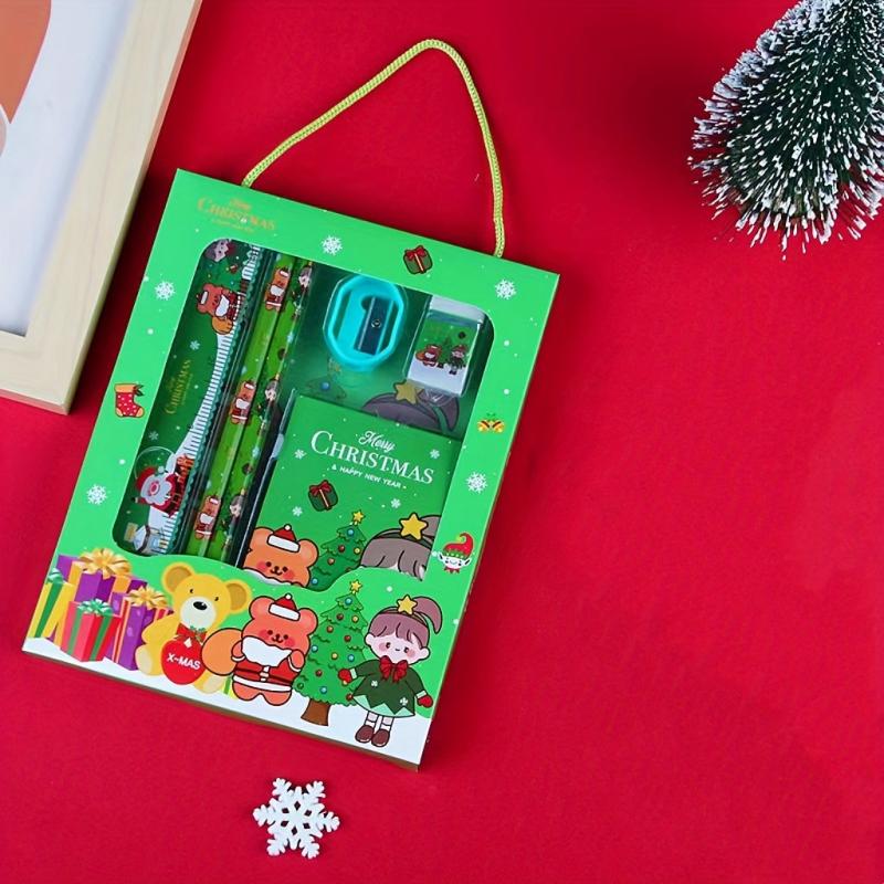 Christmas Stationery Set - 6 Pcs, Ruler, Eraser, Memo Pad, Sharpener, Pencil