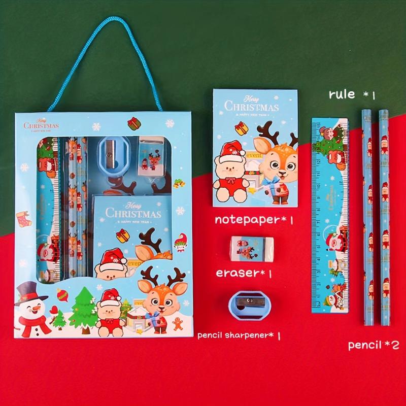 Christmas Stationery Set - 6 Pcs, Ruler, Eraser, Memo Pad, Sharpener, Pencil