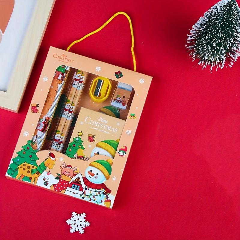 Christmas Stationery Set - 6 Pcs, Ruler, Eraser, Memo Pad, Sharpener, Pencil
