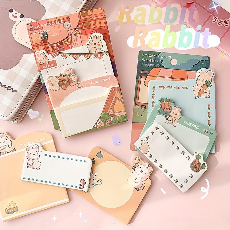 90pcs Cartoon Rabbit Sticky Notes in 3 Sizes for Office and Learning
