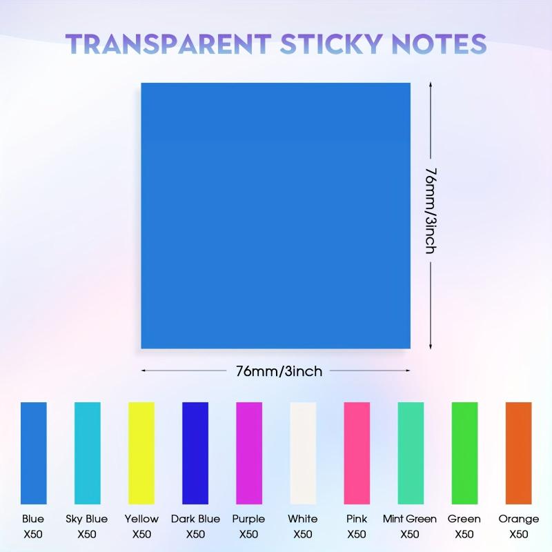 500 Transparent Sticky Notes in 10 Colors for Office Labeling