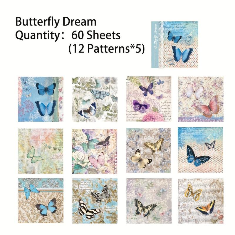 60 Sheets Vintage Butterfly Scrapbook Paper for DIY Craft Decoupage