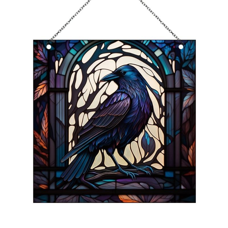 Halloween Square Acrylic Window Hanging Scary Bird Painted Glass Panel