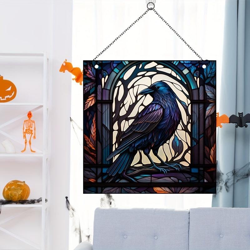 Halloween Square Acrylic Window Hanging Scary Bird Painted Glass Panel