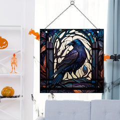 Halloween Square Acrylic Window Hanging Scary Bird Painted Glass Panel