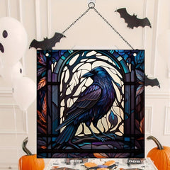 Halloween Square Acrylic Window Hanging Scary Bird Painted Glass Panel
