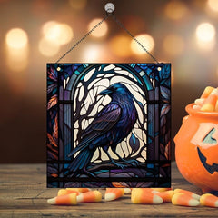 Halloween Square Acrylic Window Hanging Scary Bird Painted Glass Panel
