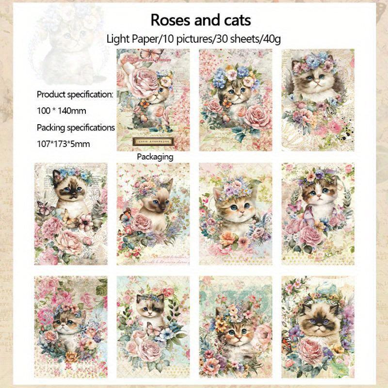 Whimsical Garden Cat Collage Kit - 30 Sheets